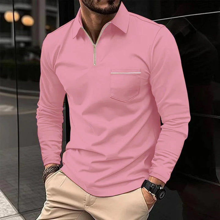 Xavier - Men's Long Sleeve Polo Shirt with Zipper Lapel and Breast Pocket