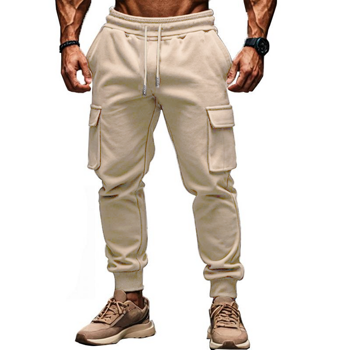 Christian - Men's Solid Color Plush Elastic Waist Multi-pocket Sports Pants