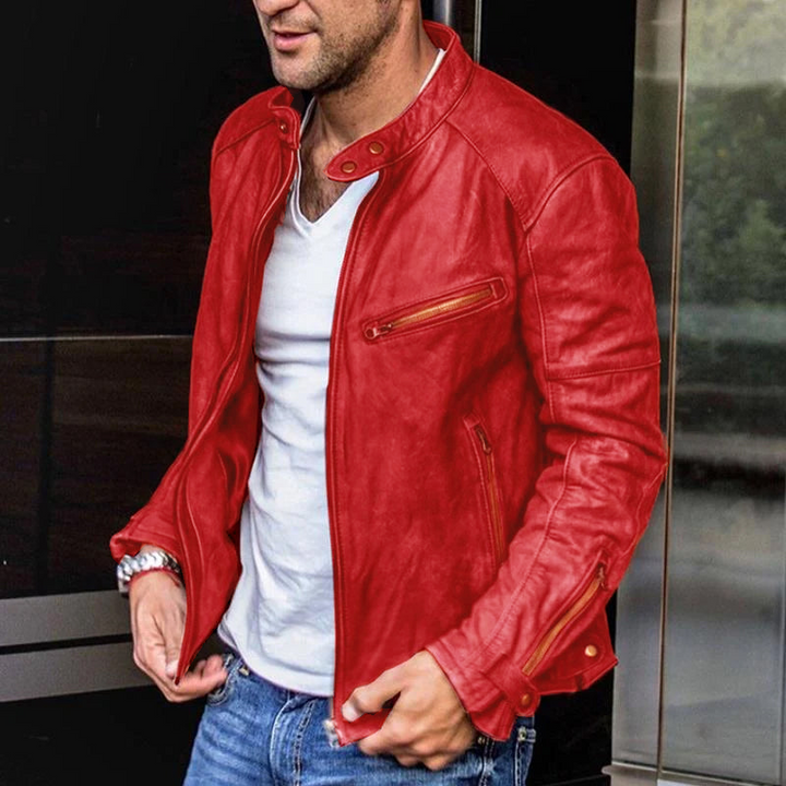 Freddie - Retro Stand-Up Collar Zipper Leather Motorcycle Jacket