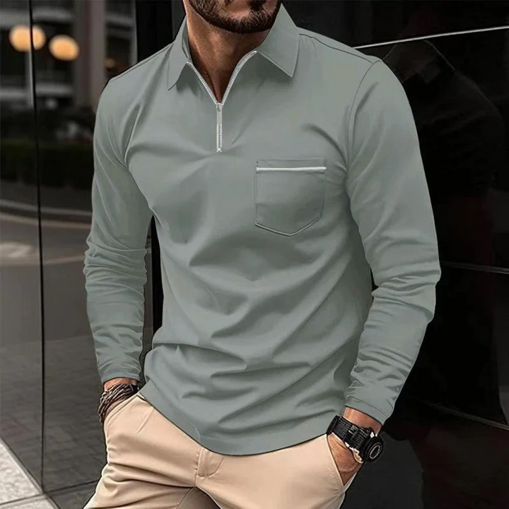 Xavier - Men's Long Sleeve Polo Shirt with Zipper Lapel and Breast Pocket