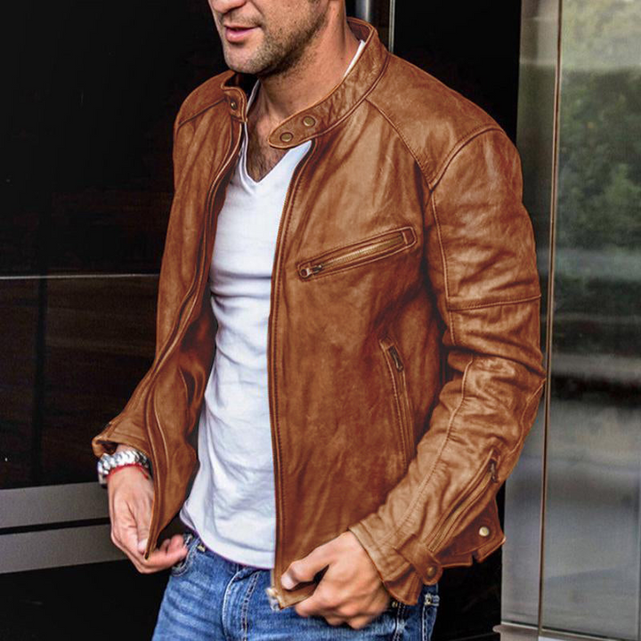 Freddie - Retro Stand-Up Collar Zipper Leather Motorcycle Jacket