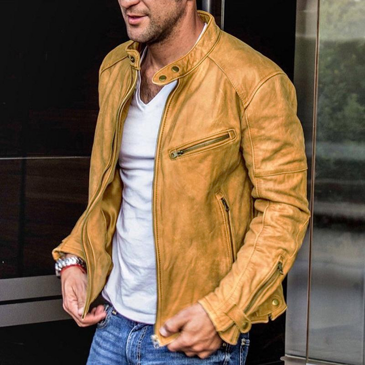 Freddie - Retro Stand-Up Collar Zipper Leather Motorcycle Jacket