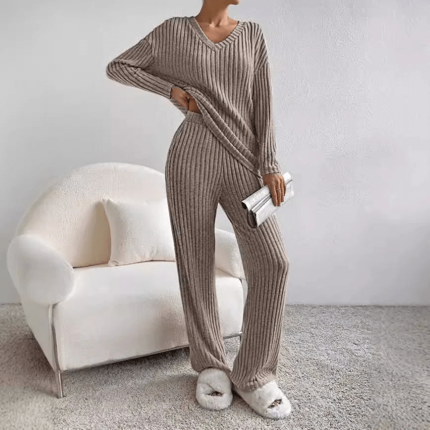 Women’s Ribbed Lounge Set | V-Neck & Wide Leg