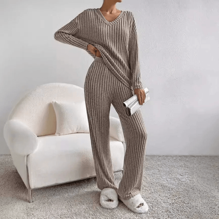 Women’s Ribbed Lounge Set | V-Neck & Wide Leg