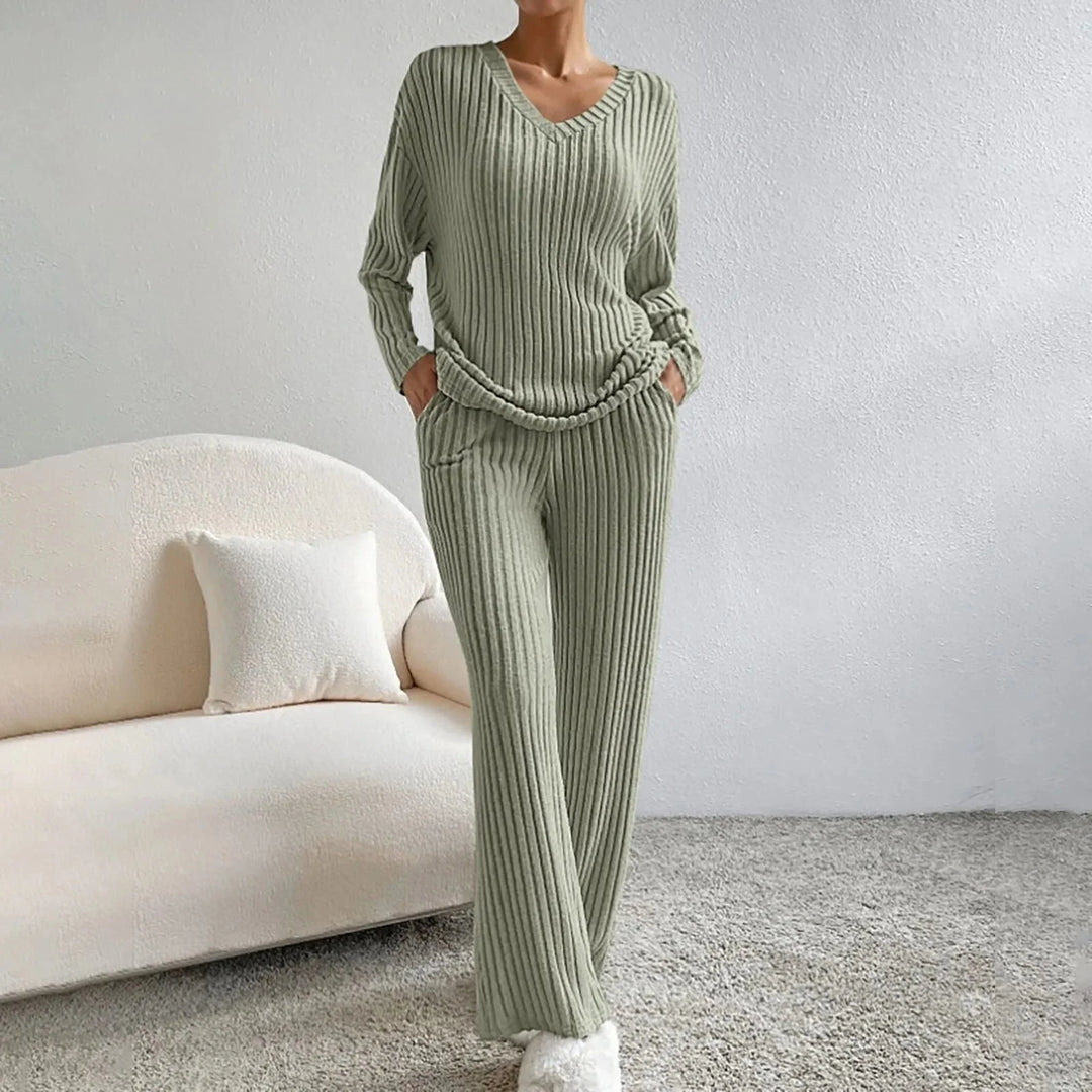 Women’s Ribbed Lounge Set | V-Neck & Wide Leg