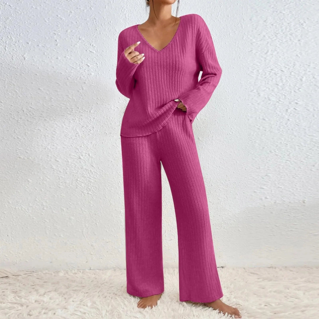 Women’s Ribbed Lounge Set | V-Neck & Wide Leg