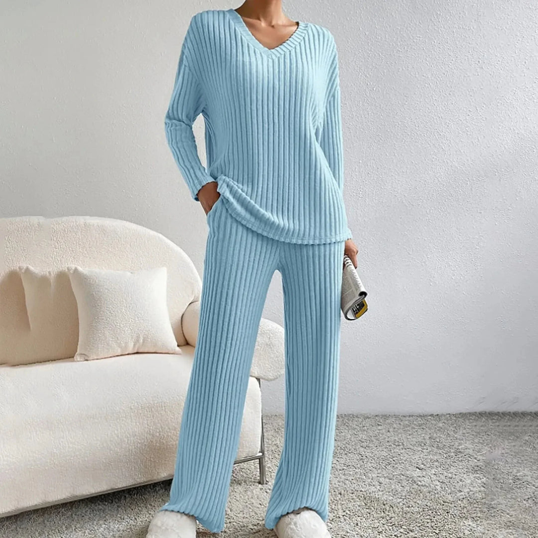 Women’s Ribbed Lounge Set | V-Neck & Wide Leg