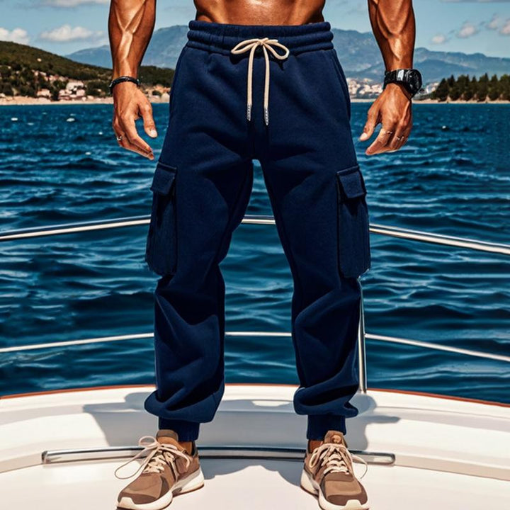 Christian - Men's Solid Color Plush Elastic Waist Multi-pocket Sports Pants