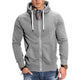 A man wearing a gray hooded zip cardigan with raglan sleeves and a full zipper in the front.