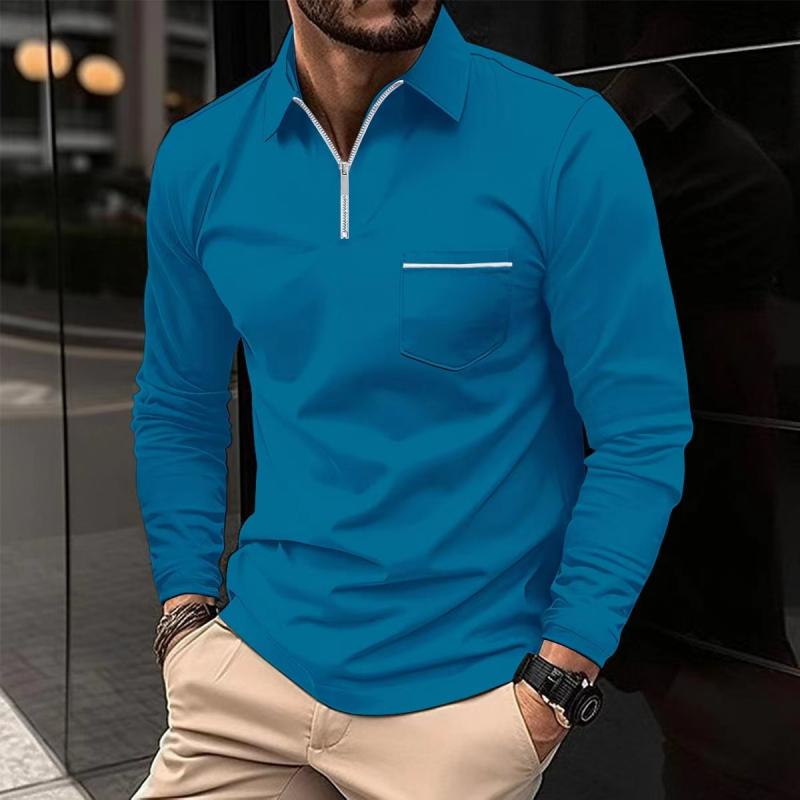 Xavier - Men's Long Sleeve Polo Shirt with Zipper Lapel and Breast Pocket