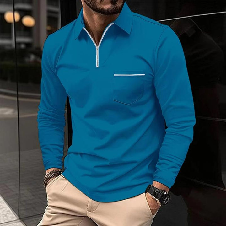 Xavier - Men's Long Sleeve Polo Shirt with Zipper Lapel and Breast Pocket