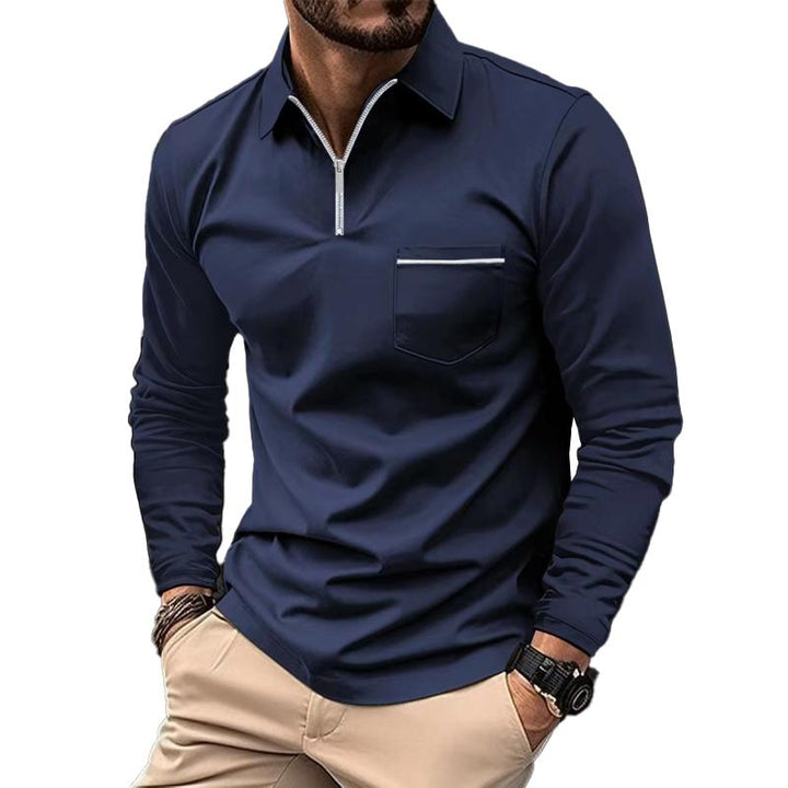 Xavier - Men's Long Sleeve Polo Shirt with Zipper Lapel and Breast Pocket
