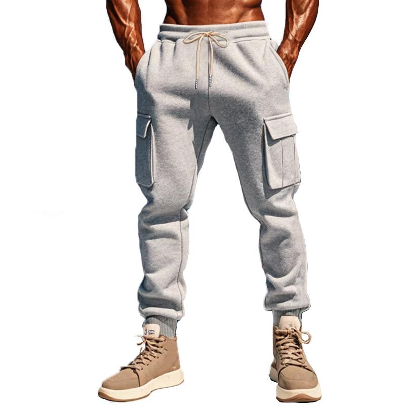 Christian - Men's Solid Color Plush Elastic Waist Multi-pocket Sports Pants