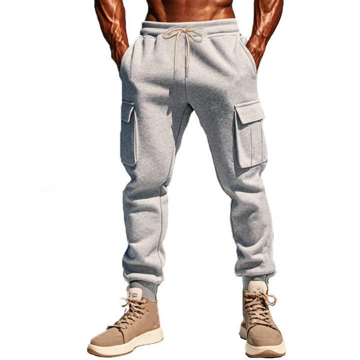 Christian - Men's Solid Color Plush Elastic Waist Multi-pocket Sports Pants