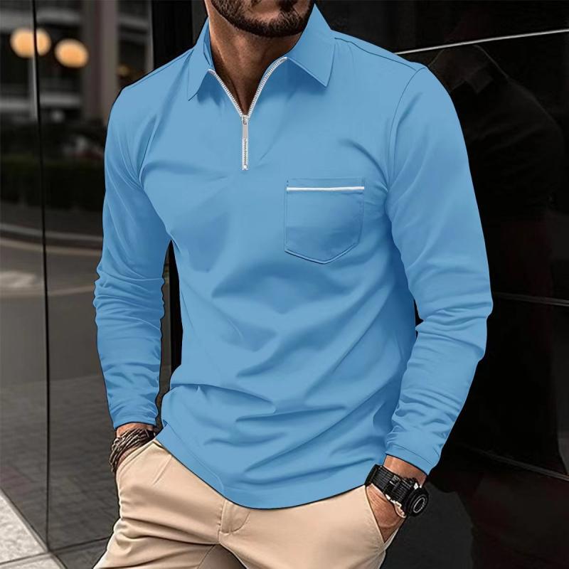 Xavier - Men's Long Sleeve Polo Shirt with Zipper Lapel and Breast Pocket