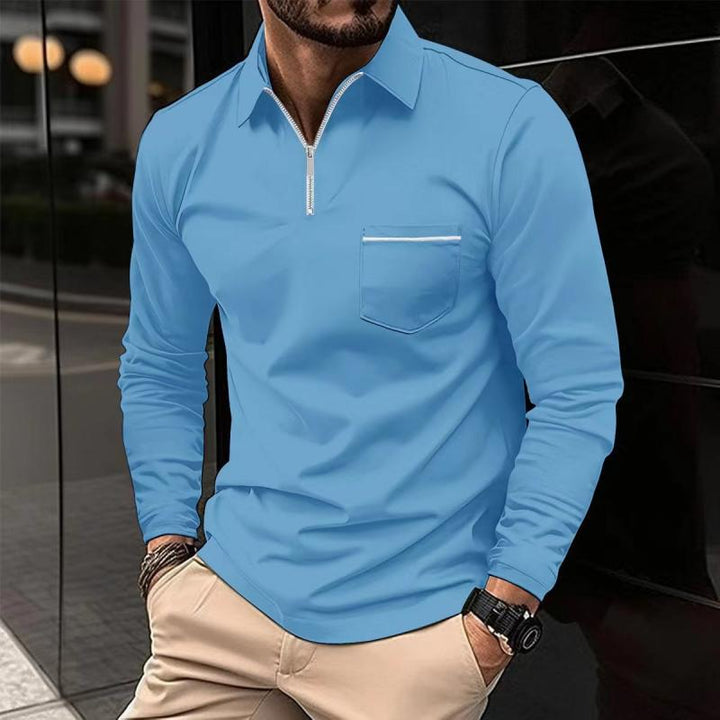 Xavier - Men's Long Sleeve Polo Shirt with Zipper Lapel and Breast Pocket