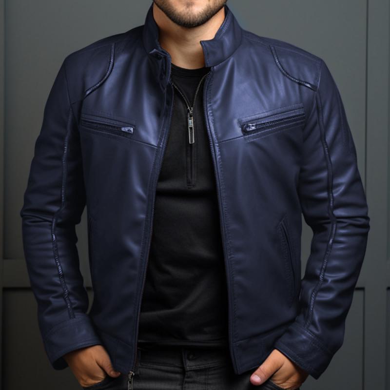 Emmanuel - Men's Retro Zippered Slim Fit Leather Jacket with Stand Collar