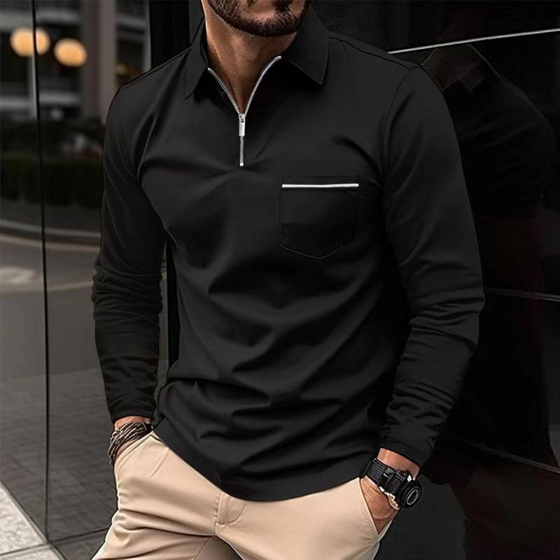 Xavier - Men's Long Sleeve Polo Shirt with Zipper Lapel and Breast Pocket
