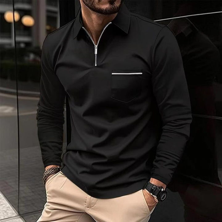 Xavier - Men's Long Sleeve Polo Shirt with Zipper Lapel and Breast Pocket
