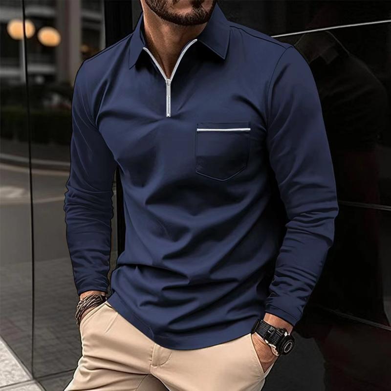 Xavier - Men's Long Sleeve Polo Shirt with Zipper Lapel and Breast Pocket