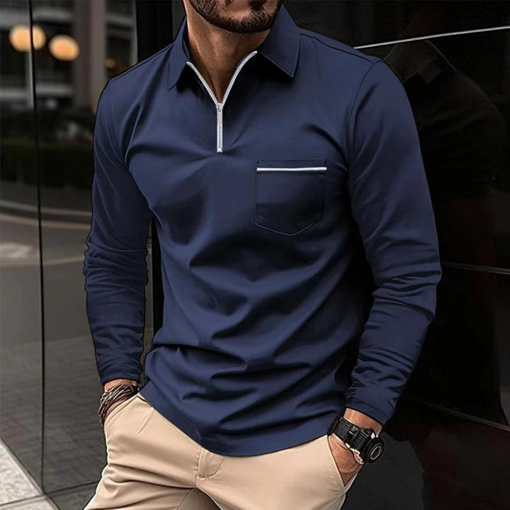 Xavier - Men's Long Sleeve Polo Shirt with Zipper Lapel and Breast Pocket