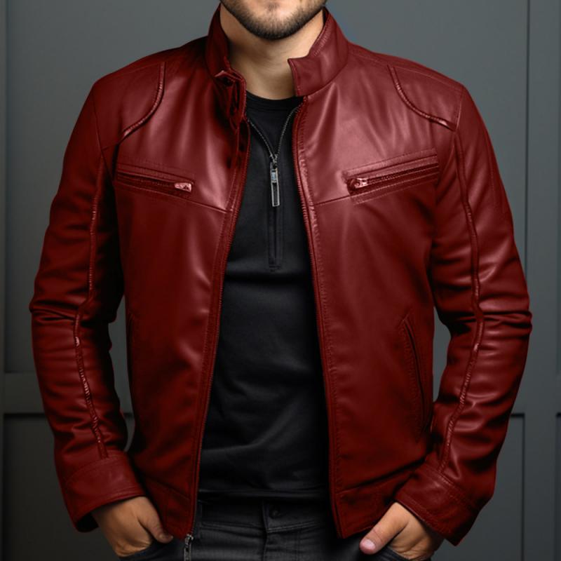 Emmanuel - Men's Retro Zippered Slim Fit Leather Jacket with Stand Collar