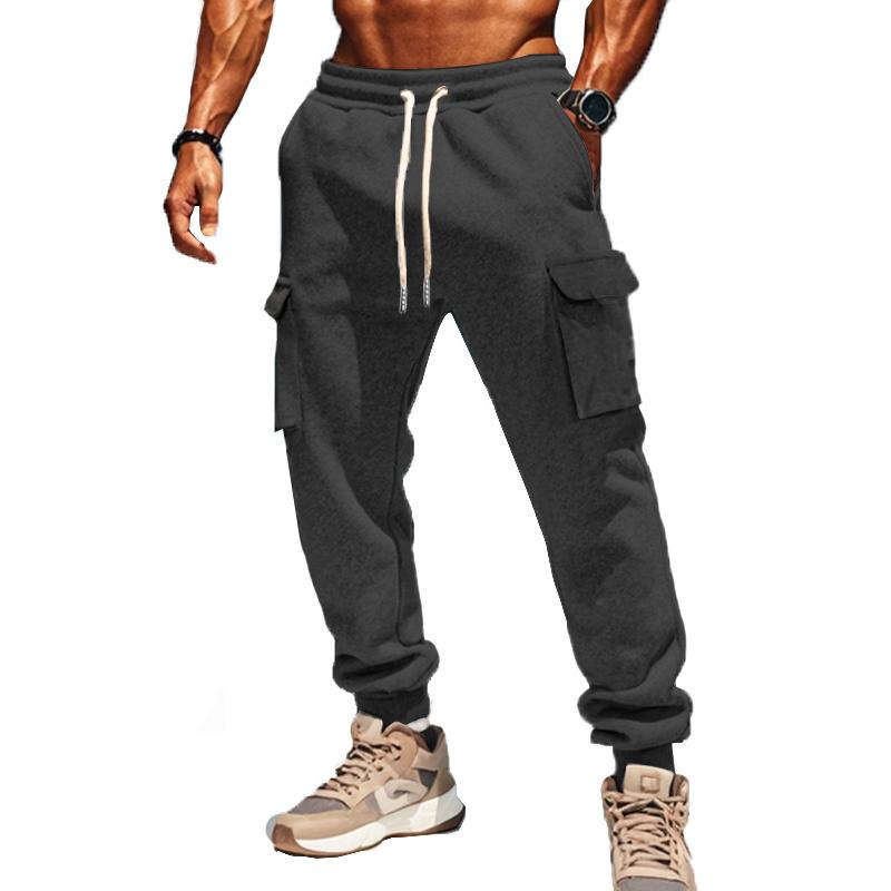 Christian - Men's Solid Color Plush Elastic Waist Multi-pocket Sports Pants