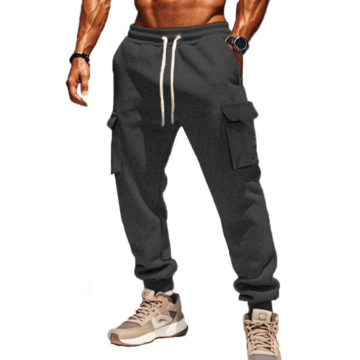 Christian - Men's Solid Color Plush Elastic Waist Multi-pocket Sports Pants