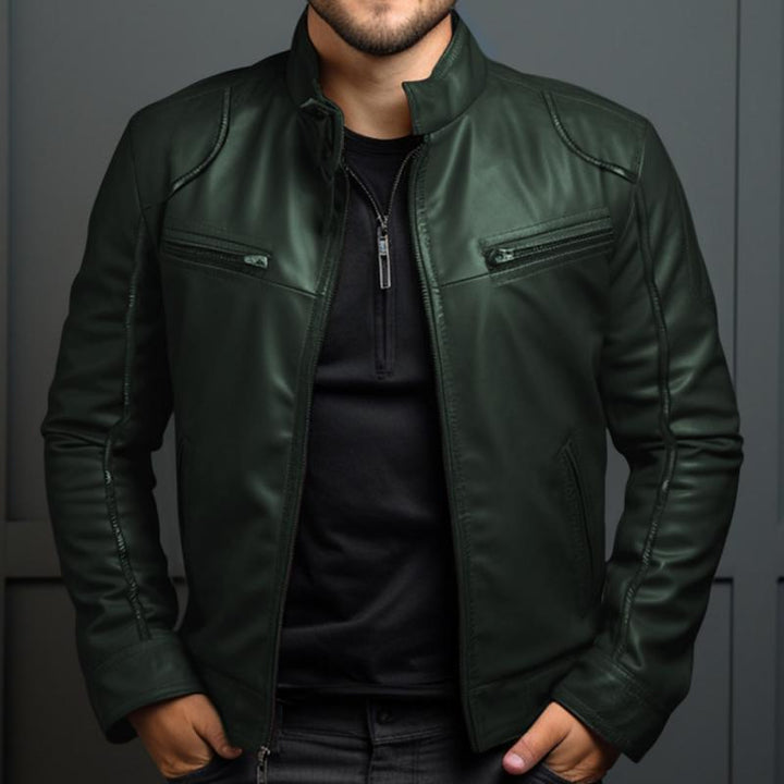 Emmanuel - Men's Retro Zippered Slim Fit Leather Jacket with Stand Collar
