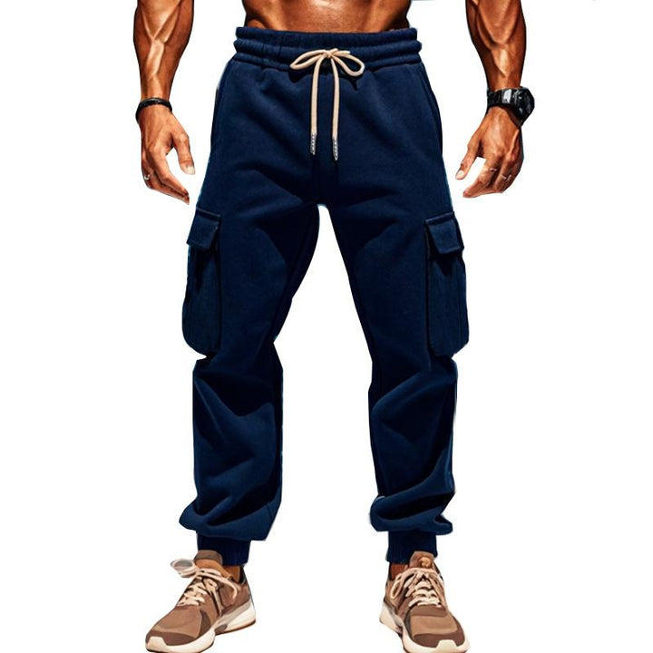 Christian - Men's Solid Color Plush Elastic Waist Multi-pocket Sports Pants