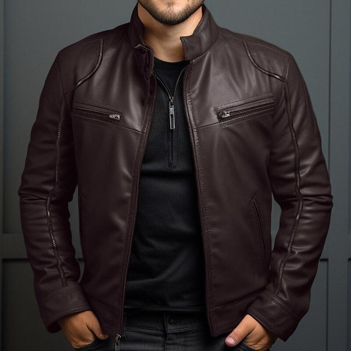 Emmanuel - Men's Retro Zippered Slim Fit Leather Jacket with Stand Collar