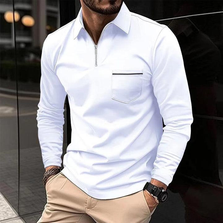 Xavier - Men's Long Sleeve Polo Shirt with Zipper Lapel and Breast Pocket