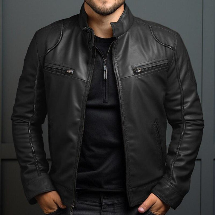 Emmanuel - Men's Retro Zippered Slim Fit Leather Jacket with Stand Collar