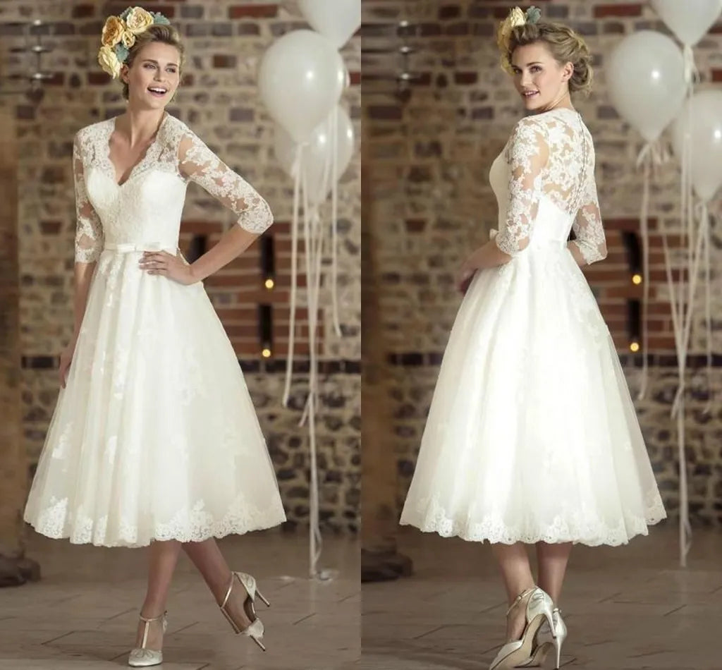 Women's Long Sleeve V-Neck Wedding Dress | Midi