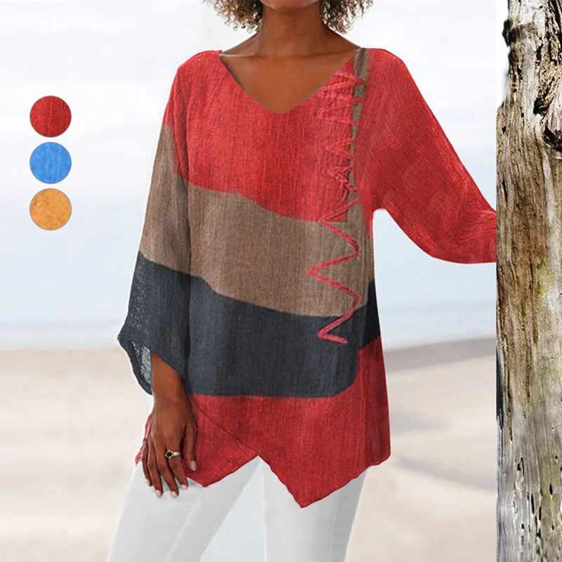 Women’s V-Neck Patchwork Blouse | Asymmetrical Hem