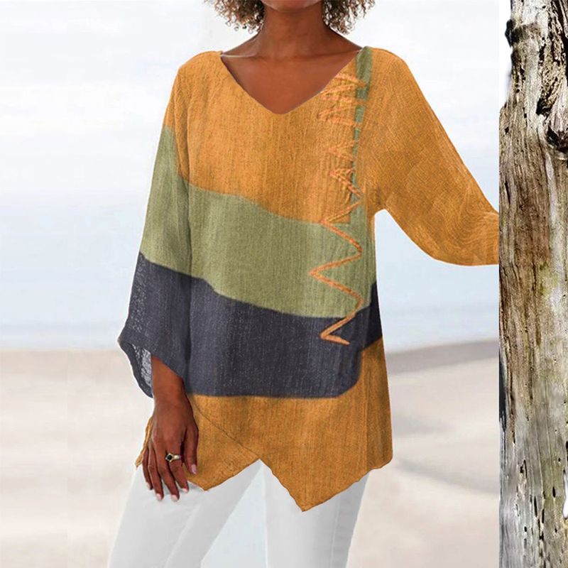 Women’s V-Neck Patchwork Blouse | Asymmetrical Hem