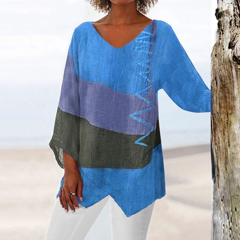 Women’s V-Neck Patchwork Blouse | Asymmetrical Hem