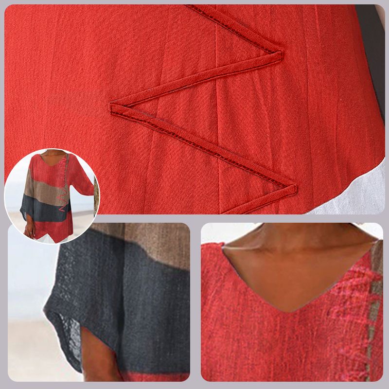 Women’s V-Neck Patchwork Blouse | Asymmetrical Hem