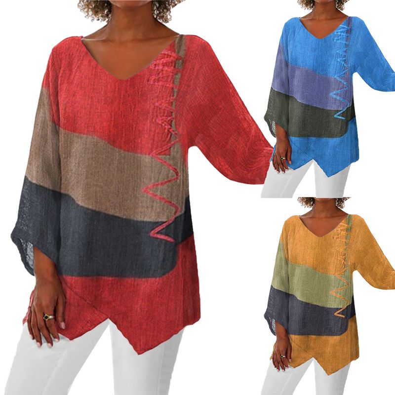 Women’s V-Neck Patchwork Blouse | Asymmetrical Hem