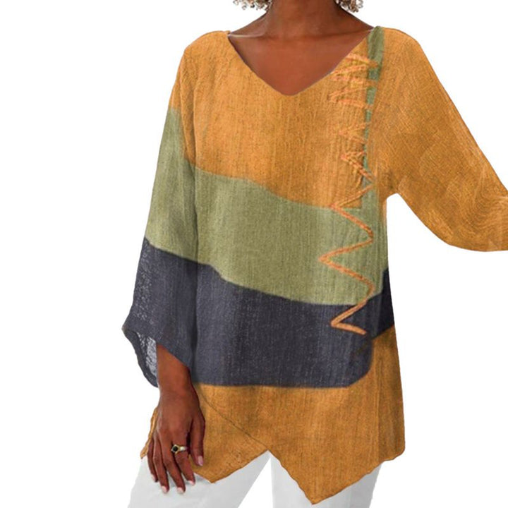Women’s V-Neck Patchwork Blouse | Asymmetrical Hem
