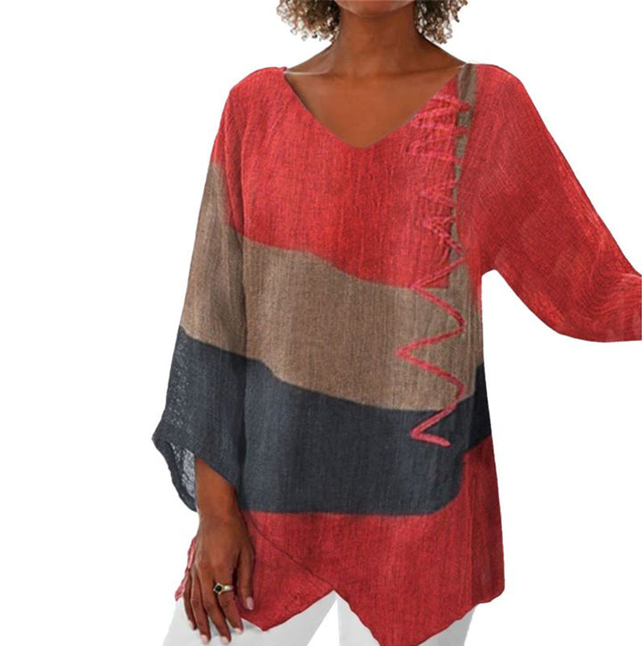 Women’s V-Neck Patchwork Blouse | Asymmetrical Hem