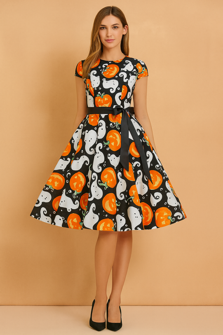 Women’s Halloween Costume Dress | Pumpkin & Ghost Print