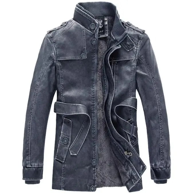 Clark - Men's Long Leather Winter Coat with Fleece Lining