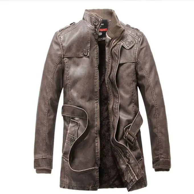 Clark - Men's Long Leather Winter Coat with Fleece Lining
