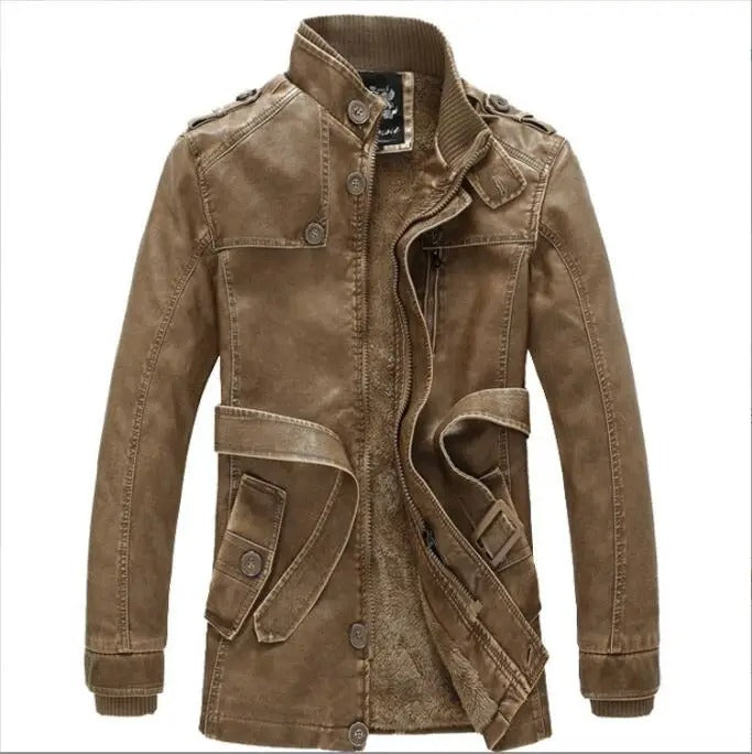 Clark - Men's Long Leather Winter Coat with Fleece Lining