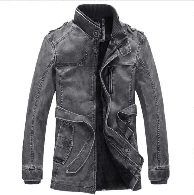 Clark - Men's Long Leather Winter Coat with Fleece Lining