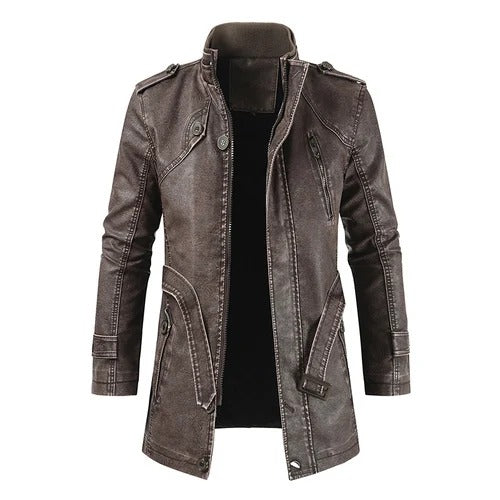 Clark - Men's Long Leather Winter Coat with Fleece Lining