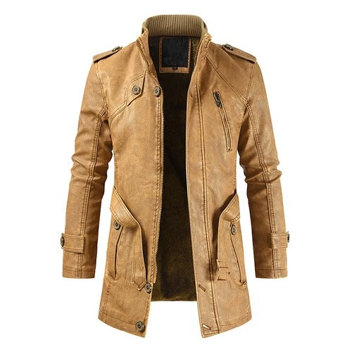 Clark - Men's Long Leather Winter Coat with Fleece Lining